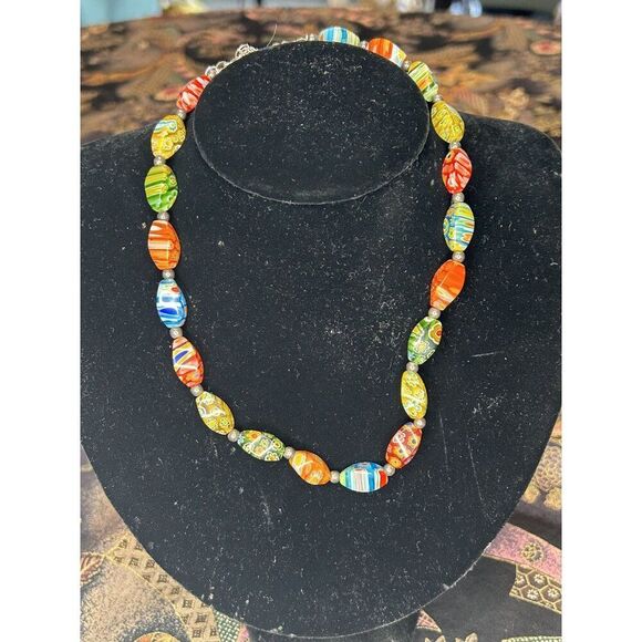 Colorful Millefiori Glass Bead Necklace - Vibrant & Funky Jewelry Piece For Boho - Picture 1 of 4